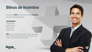 Bônus de Incentivo
Receba até 40% da sua cota durante 6 meses
com suas atividades diárias.
ATIVIDADES:
Gloose View
Gloose Share
Gloose Like
Gloose Click
OBS: Para se qualificar a este ganho, o sócio-participante
precisa efetuar uma venda ou consumo mensal no valor
mínimo de R$ 60,00 em sua loja virtual.
 