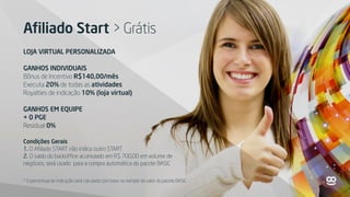 Afiliado Start > Grátis
LOJA VIRTUAL PERSONALIZADA
GANHOS INDIVIDUAIS
Bônus de Incentivo R$140,00/mês
Executa 20% de todas as atividades
Royalties de indicação 10% (loja virtual)
GANHOS EM EQUIPE
+ 0 PGE
Residual 0%
Condições Gerais
1. O Afiliado START não indica outro START
2. O saldo do backoffice acumulado em R$ 700,00 em volume de
negócios, será usado para a compra automática do pacote BASIC
* O percentual de indicação será calculado com base na metade do valor do pacote BASIC.
 