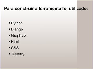 Para construir a ferramenta foi utilizado:  Python Django Graphviz Html CSS JQuerry 