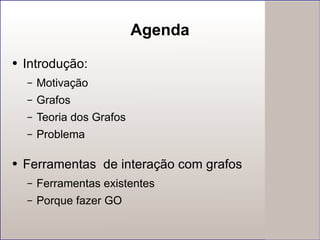 Agenda Introdução: Motivação Grafos Teoria dos Grafos Problema Ferramentas  de interação com grafos Ferramentas existentes Porque fazer GO 