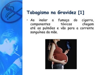 Tabagismo na Gravidez [1]
• Ao inalar a fumaça do cigarro,
  componentes       tóxicos    chegam
  até os pulmões e vão para a corrente
  sanguínea da mãe.
 