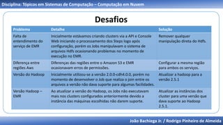 João Bachiega Jr. / Rodrigo Pinheiro de Almeida
Disciplina: Tópicos em Sistemas de Computação – Computação em Nuvem
Desafios
Problema Detalhe Solução
Falta de
entendimento do
serviço de EMR
Inicialmente estávamos criando clusters via a API e Console
Web iniciando o processamento dos Steps logo após
configuração, porém os Jobs manipulavam o sistema de
arquivos Hdfs ocasionando problemas no momento de
execução no EMR.
Remover qualquer
manipulação direta do Hdfs.
Diferença entre
regiões Aws
Diferenças das regiões entre o Amazon S3 e EMR
ocasionavam erros de permissões.
Configurar a mesma região
para ambos os serviços.
Versão do Hadoop Inicialmente utilizou-se a versão 2.0.0-cdh4.0.0, porém no
momento de desenvolver o Job que realiza o join entre os
arquivos a versão não dava suporte para algumas facilidades.
Atualizar a hadoop para a
versão 2.5.1
Versão Hadoop –
EMR
Ao atualizar a versão do Hadoop, os Jobs não executavam
mais nos clusters configurados anteriormente devido a
instância das máquinas escolhidas não darem suporte.
Atualizar as instâncias dos
cluster para uma versão que
dava suporte ao Hadoop
2.5.1.
 