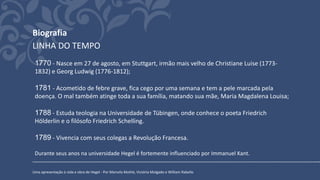 Biografia
Uma apresentação à vida e obra de Hegel - Por Marcela Mothé, Victória Molgado e William Rabello
LINHA DO TEMPO
1770 - Nasce em 27 de agosto, em Stuttgart, irmão mais velho de Christiane Luise (1773-
1832) e Georg Ludwig (1776-1812);
1781 - Acometido de febre grave, fica cego por uma semana e tem a pele marcada pela
doença. O mal também atinge toda a sua família, matando sua mãe, Maria Magdalena Louisa;
1788 - Estuda teologia na Universidade de Tübingen, onde conhece o poeta Friedrich
Hölderlin e o filósofo Friedrich Schelling.
1789 - Vivencia com seus colegas a Revolução Francesa.
Durante seus anos na universidade Hegel é fortemente influenciado por Immanuel Kant.
 