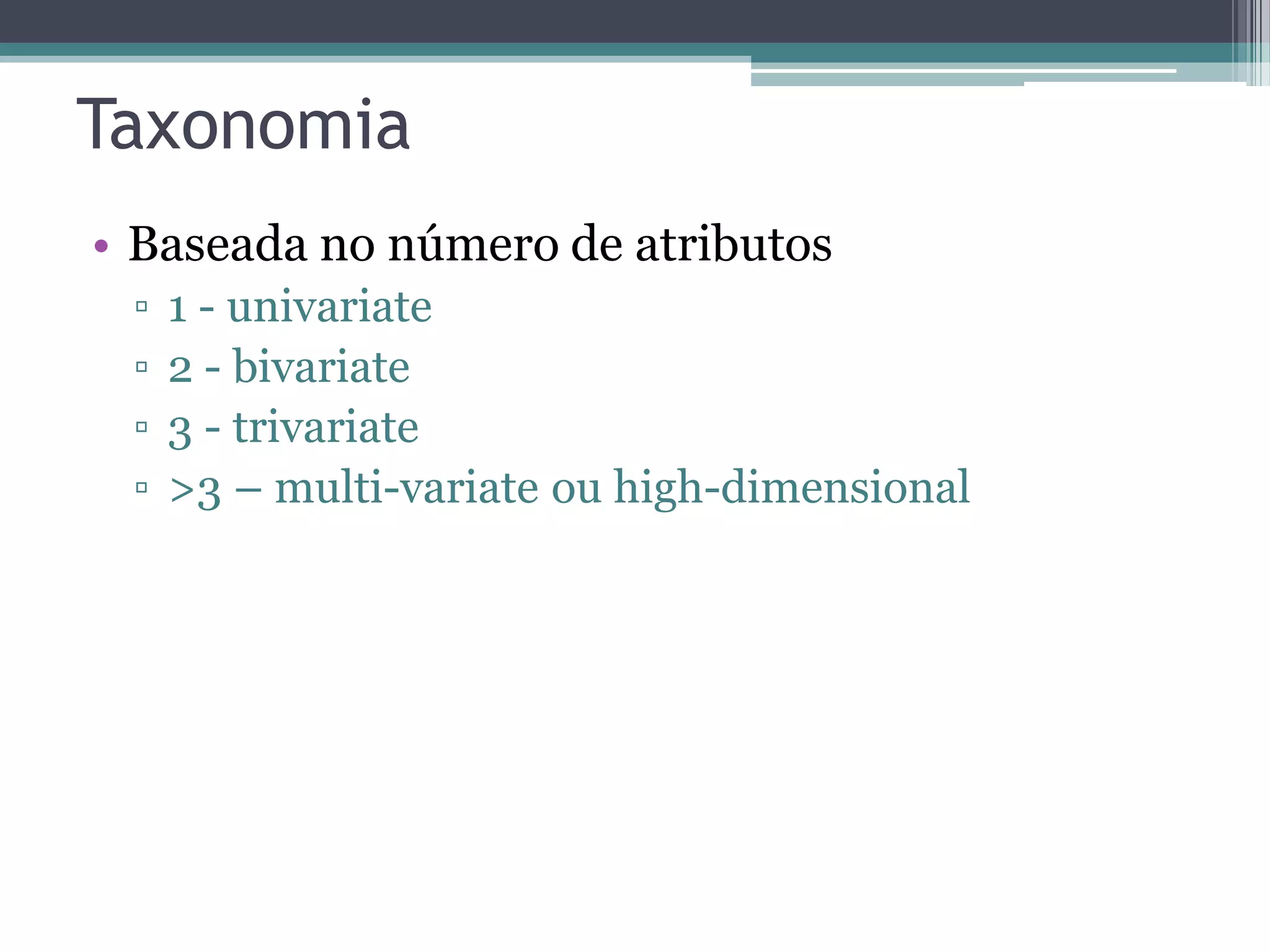 Taxonomia
• Baseada no número de atributos
▫ 1 - univariate
▫ 2 - bivariate
▫ 3 - trivariate
▫ >3 – multi-variate ou high-dimensional
 