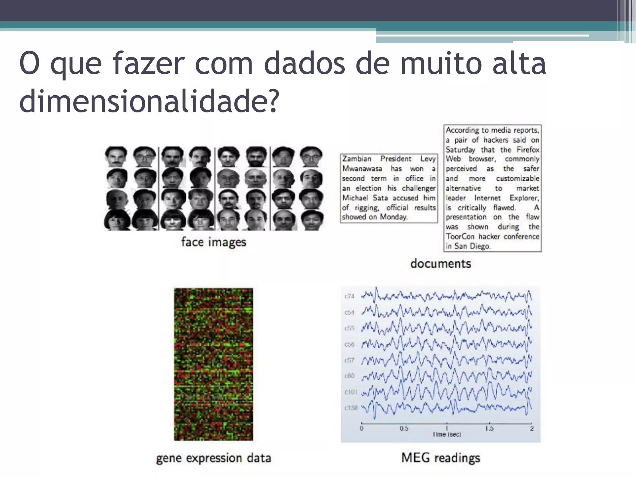 O que fazer com dados de muito alta
dimensionalidade?
 