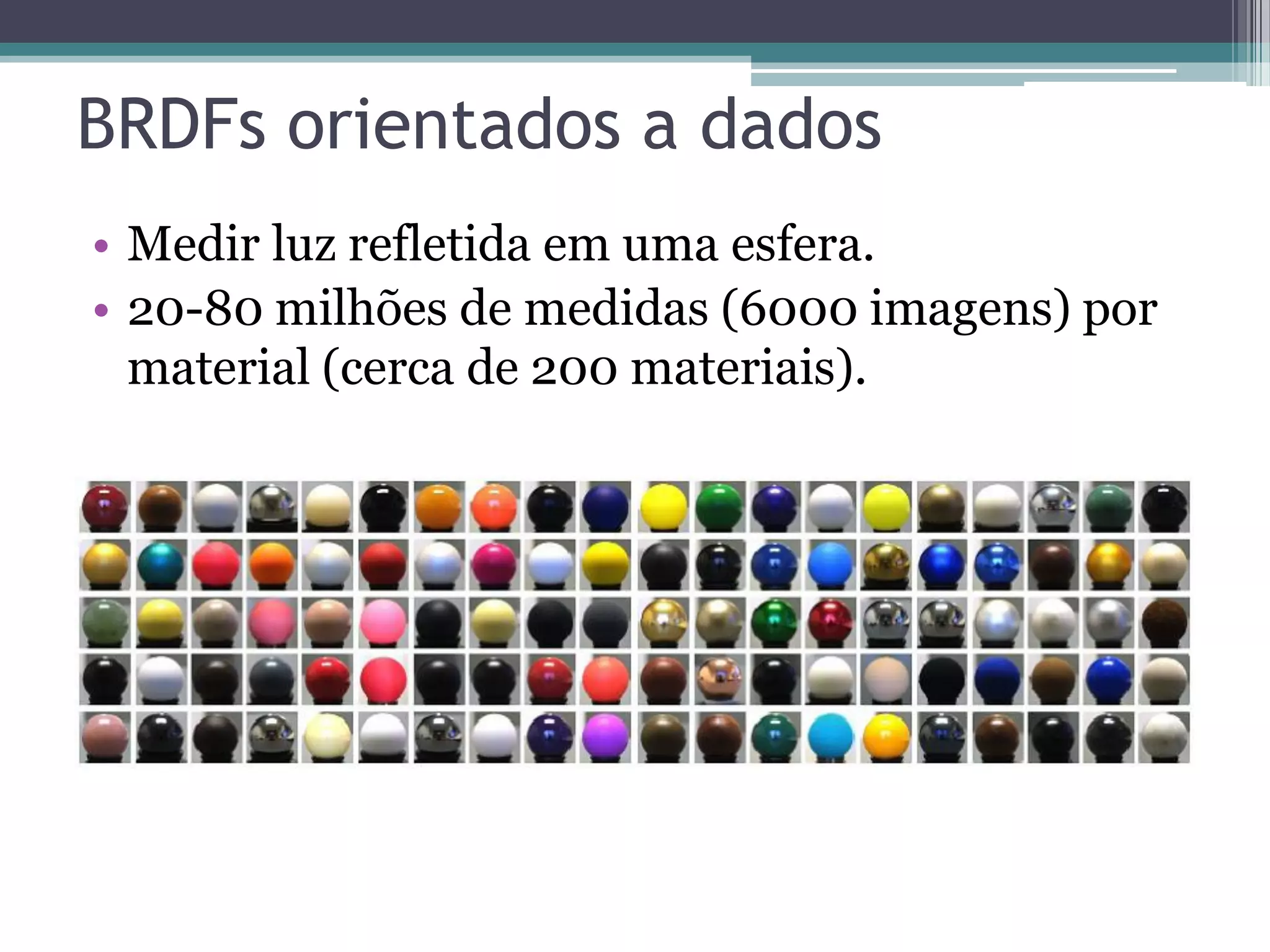 BRDFs orientados a dados
• Medir luz refletida em uma esfera.
• 20-80 milhões de medidas (6000 imagens) por
material (cerca de 200 materiais).
 