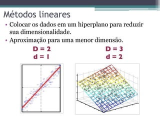Métodos lineares
• Colocar os dados em um hiperplano para reduzir
sua dimensionalidade.
• Aproximação para uma menor dimensão.
 