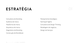Consultoria de Branding
Auditoria de marca
Plataforma de marca
Arquitetura de marca
Diagnóstico de Branding
Construção de Brandbook
O Q U E F A Z E M O S02
Planejamento Estratégico
Naming & Tagline
Consultoria de Design Thinking
Modelagem de negócios
Design de Serviços
ESTRATÉGIA 01
 