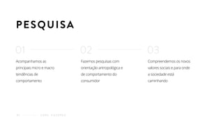 Acompanhamos as
principais micro e macro
tendências de
comportamento
PESQUISA
01
C O M O F A Z E M O S03
Fazemos pesquisas com
orientação antropológica e
de comportamento do
consumidor
Compreendemos os novos
valores sociais e para onde
a sociedade está
caminhando
02 03
 