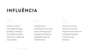 Usamos conceitos e
metodologias do design
estratégico, marketing e
comunicação visual para
transformar a imagem dos
nossos clientes
INFLUÊNCIA
C O M O F A Z E M O S03
Empoderamos e
fortalecemos as marcas de
nossos clientes para que
estes ganhem relevância,
visibilidade e poder de
influência social
Influímos nos nossos
clientes para que eles
impactem positivamente na
sociedade provocando
mudanças sociais
relevantes
01 02 03
 