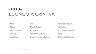 ECONOMIA CRIATIVA
Moda
Música
Comportamento
Inovação
Arquitetura
Arte
Mídias Digitais
Fotograﬁa
Patrimonio Cultural
Entretenimento & Eventos
ÁREAS DA
Q U E M S O M O S01
Design de Produto
Publicações
Produção Audiovisual
Teatro
Movimentos Culturais
 