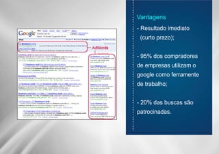 ............................................................................
- Resultado imediato
(curto prazo);
- 95% dos compradores
de empresas utilizam o
google como ferramente
de trabalho;
- 20% das buscas são
patrocinadas.
Vantagens
 