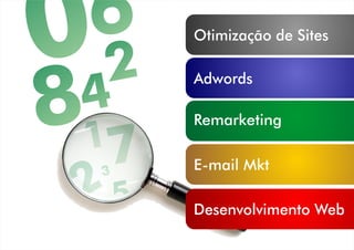 0066
8844
22
1177
2233
55
Adwords
Remarketing
E-mail Mkt
Desenvolvimento Web
Otimização de Sites
 
