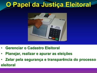 O Papel da Justiça Eleitoral
• Gerenciar o Cadastro Eleitoral
• Planejar, realizar e apurar as eleições
• Zelar pela segurança e transparência do processo
eleitoral
 