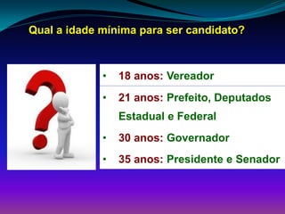 Qual a idade mínima para ser candidato?
• 18 anos: Vereador
• 21 anos: Prefeito, Deputados
Estadual e Federal
• 30 anos: Governador
• 35 anos: Presidente e Senador
 