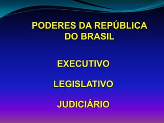 PODERES DA REPÚBLICA
DO BRASIL
EXECUTIVO
LEGISLATIVO
JUDICIÁRIO
 