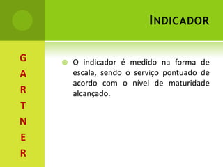 IndicadorO indicador é medido na forma de escala, sendo o serviço pontuado de acordo com o nível de maturidade alcançado.GARTNER
