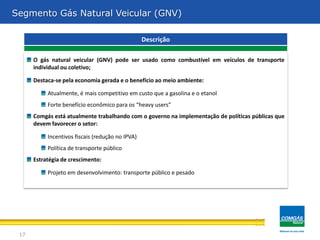 Segmento Gás Natural Veicular (GNV)

                                                  Descrição

      O gás natural veicular (GNV) pode ser usado como combustível em veículos de transporte
      individual ou coletivo;

      Destaca-se pela economia gerada e o benefício ao meio ambiente:

           Atualmente, é mais competitivo em custo que a gasolina e o etanol
           Forte benefício econômico para os “heavy users”
      Comgás está atualmente trabalhando com o governo na implementação de políticas públicas que
      devem favorecer o setor:

           Incentivos fiscais (redução no IPVA)
           Política de transporte público
      Estratégia de crescimento:

           Projeto em desenvolvimento: transporte público e pesado




 17
 