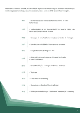 – Realização de dois estudos de fileira inovadores no setor
hortofrutícola
– Implementação de um sistema HACCP no setor da cortiça com
certificação pioneira a nível mundial
– Conceção de uma Plataforma inovadora de Gestão de Formação
– Utilização de metodologia Eneagrama nas empresas
– Criação do Centro de Negócios 3CE
– Desenvolvimento de Projeto de Formação em Angola
– Radar de Inovação
– Nova Metodologia - Formação Dinâmica à Distância
– Webinars
– Consultoria em e-Learning
– Consultoria em Gestão e Marketing Digital
– Introdução da metodologia “Gamification” na formação E-Learning
2001
2002
2005
2005
2007
2009
2011
2012
2013
2014
Desde a sua fundação, em 1996, a ZONAVERDE regista no seu histórico alguns momentos relevantes que
refletem o posicionamento que assumiu para comunicar a partir de 2010, “Liderar Pela Inovação”.
2015
13
 