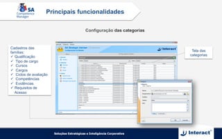 Configuração das categorias
Principais funcionalidades
Cadastros das
famílias:
ü  Qualificação
ü  Tipo de cargo
ü  Cursos
ü  Cargos
ü  Ciclos de avaliação
ü  Competências
ü  Evidências
ü  Requisitos de
Acesso
Tela das
categorias
 