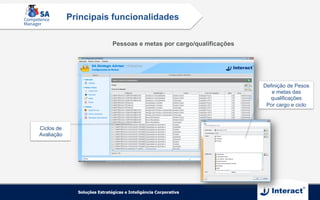 Ciclos de
Avaliação
Definição de Pesos
e metas das
qualificações
Por cargo e ciclo
Pessoas e metas por cargo/qualificações
Principais funcionalidades
 
