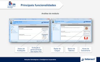 Banco de
Talentos
Radar de
Cargos
Horas de
Treinamento
Status de
Avaliações
Evolução e
gerenciamento
das Ações PDI
Análise do módulo
Principais funcionalidades
 