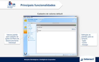 Valores padrão
para cadastro de
ações do Plano de
Desenvolvimento
Individual
Definição de
padrões para os
campos:
- Ação
- Como
- Escopo
Cadastro de valores default
Principais funcionalidades
 