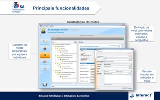 Contratação de metas
Cadastro de
metas
corporativas,
por equipe e
individuais
Definição da
meta com valores
esperados,
escopo e
perspectiva
Permite
vincular um
indicador à
meta
Principais funcionalidades
 