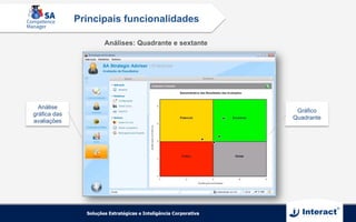 Análises: Quadrante e sextante
Análise
gráfica das
avaliações
Gráfico
Quadrante
Principais funcionalidades
 