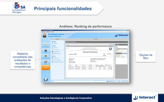 Relatório
consolidado das
avaliações de
resultados e
competências
Opções de
filtro
Análises: Ranking de performance
Principais funcionalidades
 