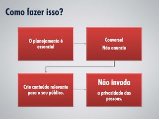 Como fazer isso?

       O planejamento é           Converse!
           essencial             Não anuncie




     Crie conteúdo relevante
                               Não invada
       para o seu público.     a privacidade das
                                    pessoas.
 
