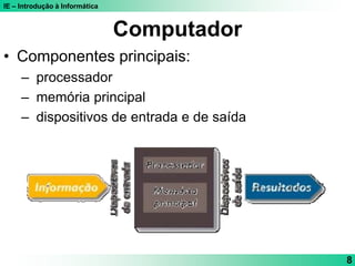IE – Introdução à Informática
8
Computador
• Componentes principais:
– processador
– memória principal
– dispositivos de entrada e de saída
 