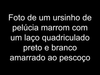 Foto de um ursinho de
pelúcia marrom com
um laço quadriculado
preto e branco
amarrado ao pescoço
 