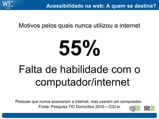 Acessibilidade na web: A quem se destina?
55%
Falta de habilidade com o
computador/internet
Fonte: Pesquisa TIC Domicílios 2010 – CGI.br
Pessoas que nunca acessaram a internet, mas usaram um computador.
Motivos pelos quais nunca utilizou a internet
 