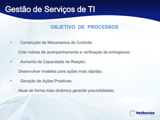 OBJETIVO  DE  PROCESSOS Construção de Mecanismos de Controle; Criar rotinas de acompanhamento e verificação de entregáveis; Aumento da Capacidade de Reação; Desenvolver modelos para ações mais rápidas; Geração de Ações Proativas; Atuar de forma mais dinâmica gerando previsibilidade; 