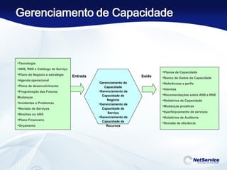 Entrada Gerenciamento da Capacidade Gerenciamento da Capacidade de Negócio Gerenciamento da Capacidade de Serviço Gerenciamento da Capacidade de Recursos Saída Planos de Capacidade Banco de Dados da Capacidade Referências e perfis Alarmes Recomendações sobre ANS e RNS Relatórios de Capacidade Mudanças proativas Aperfeiçoamento de serviços Relatórios de Auditoria Revisão de eficiência Tecnologia ANS, RNS e Catálogo de Serviço Plano de Negócio e estratégia Agenda operacional Plano de desenvolvimento Programação das Futuras Mudanças Incidentes e Problemas Revisão de Serviços Brechas no ANS Plano Financeiro Orçamento   