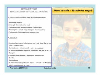Ano lectivo 2007/2008 Isabel Almeida 17
Plano de aula - Estudo das vogais
 