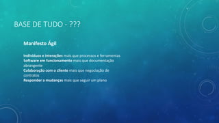 BASE DE TUDO - ???
Manifesto Ágil
Indivíduos e interações mais que processos e ferramentas
Software em funcionamento mais que documentação
abrangente
Colaboração com o cliente mais que negociação de
contratos
Responder a mudanças mais que seguir um plano
 