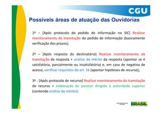 Possíveis áreas de atuação das Ouvidorias

 1ª – [Após protocolo do pedido de informação no SIC] Realizar
 monitoramento da tramitação do pedido de informação (basicamente
 verificação dos prazos);

 2ª – [Após resposta do destinatário] Realizar monitoramento da
 tramitação da resposta + análise do mérito da resposta (apontar se é
 satisfatória, parcialmente ou insatisfatória) e, em caso de negativa de
 acesso, verificar requisitos do art. 16 (apontar hipóteses de recurso);

 3ª ‐ [Após protocolo de recurso] Realizar monitoramento da tramitação
 do recurso + elaboração de parecer dirigido à autoridade superior
 (contendo análise do mérito);
 