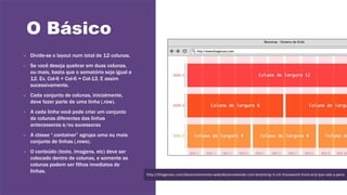 O Básico
- Divide-se o layout num total de 12 colunas.
- Se você deseja quebrar em duas colunas,
ou mais, basta que o somatório seja igual a
12. Ex. Col-6 + Col-6 = Col-12. E assim
sucessivamente.
- Cada conjunto de colunas, inicialmente,
deve fazer parte de uma linha (.row).
- A cada linha você pode criar um conjunto
de colunas diferentes das linhas
antecessoras e/ou sucessoras
- A classe “.container” agrupa uma ou mais
conjunto de linhas (.rows).
- O conteúdo (texto, imagens, etc) deve ser
colocado dentro de colunas, e somente as
colunas podem ser filhos imediatos de
linhas.
http://thiagonasc.com/desenvolvimento-web/desenvolvendo-com-bootstrap-3-um-framework-front-end-que-vale-a-pena
 