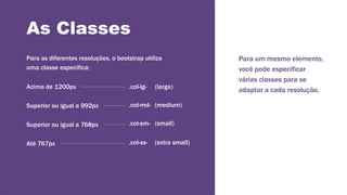 As Classes
Para as diferentes resoluções, o bootstrap utiliza
uma classe específica:
Para um mesmo elemento,
você pode especificar
várias classes para se
adaptar a cada resolução.Acima de 1200px
Superior ou igual a 992px
.col-lg- (large)
.col-md- (medium)
Superior ou igual a 768px .col-sm- (small)
Até 767px .col-xs- (extra small)
 