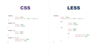 CSS
.header{
height: 80px;
background-color: #fff /* White */
}
.header h1{
height: 28px;
display: block;
}
.header ul{
float: right;
margin: 0px;
}
.header ul li a{
padding-bottom: 20px;
padding-top: 32px;
}
LESS
.header{
height: 80px;
background-color: #fff /* White */
h1{
height: 28px;
display: block;
ul{
float: right;
margin: 0px;
a{
padding-bottom: 20px;
padding-top: 32px;
}
}
} } }
 