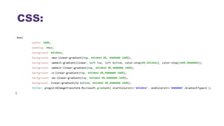 CSS:
.box{
width: 100%;
padding: 40px;
background: #45484d;
background: -moz-linear-gradient(top, #45484d 0%, #000000 100%);
background: -webkit-gradient(linear, left top, left bottom, color-stop(0%,#45484d), color-stop(100%,#000000));
background: -webkit-linear-gradient(top, #45484d 0%,#000000 100%);
background: -o-linear-gradient(top, #45484d 0%,#000000 100%);
background: -ms-linear-gradient(top, #45484d 0%,#000000 100%);
background: linear-gradient(to bottom, #45484d 0%,#000000 100%);
filter: progid:DXImageTransform.Microsoft.gradient( startColorstr='#45484d', endColorstr='#000000',GradientType=0 );
{
 