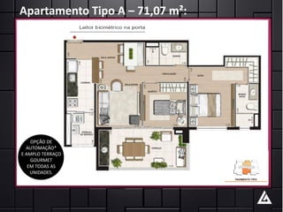 Apartamento Tipo A – 71,07 m²:




    OPÇÃO DE
  AUTOMAÇÃO*
E AMPLO TERRAÇO
    GOURMET
   EM TODAS AS
    UNIDADES.
 