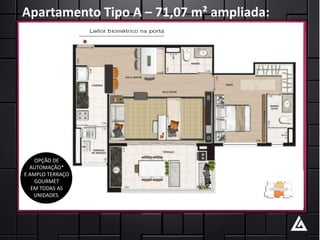 Apartamento Tipo A – 71,07 m² ampliada:




    OPÇÃO DE
  AUTOMAÇÃO*
E AMPLO TERRAÇO
    GOURMET
   EM TODAS AS
    UNIDADES.
 