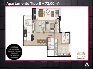 Apartamento Tipo B – 72,00m²:




    OPÇÃO DE
  AUTOMAÇÃO*
E AMPLO TERRAÇO
    GOURMET
   EM TODAS AS
    UNIDADES.
 
