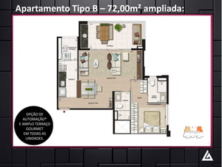 Apartamento Tipo B – 72,00m² ampliada:




    OPÇÃO DE
  AUTOMAÇÃO*
E AMPLO TERRAÇO
    GOURMET
   EM TODAS AS
    UNIDADES.
 