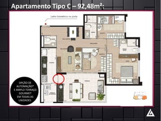 Apartamento Tipo C – 92,48m²:




    OPÇÃO DE
  AUTOMAÇÃO*
E AMPLO TERRAÇO
    GOURMET
   EM TODAS AS
    UNIDADES.
 