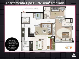 Apartamento Tipo C – 92,48m² ampliada:




    OPÇÃO DE
  AUTOMAÇÃO*
E AMPLO TERRAÇO
    GOURMET
   EM TODAS AS
    UNIDADES.
 