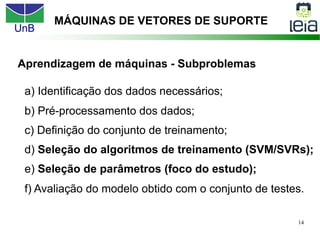 UnB
14
Aprendizagem de máquinas - Subproblemas
a) Identificação dos dados necessários;
b) Pré-processamento dos dados;
c) Definição do conjunto de treinamento;
d) Seleção do algoritmos de treinamento (SVM/SVRs);
e) Seleção de parâmetros (foco do estudo);
f) Avaliação do modelo obtido com o conjunto de testes.
MÁQUINAS DE VETORES DE SUPORTE
 